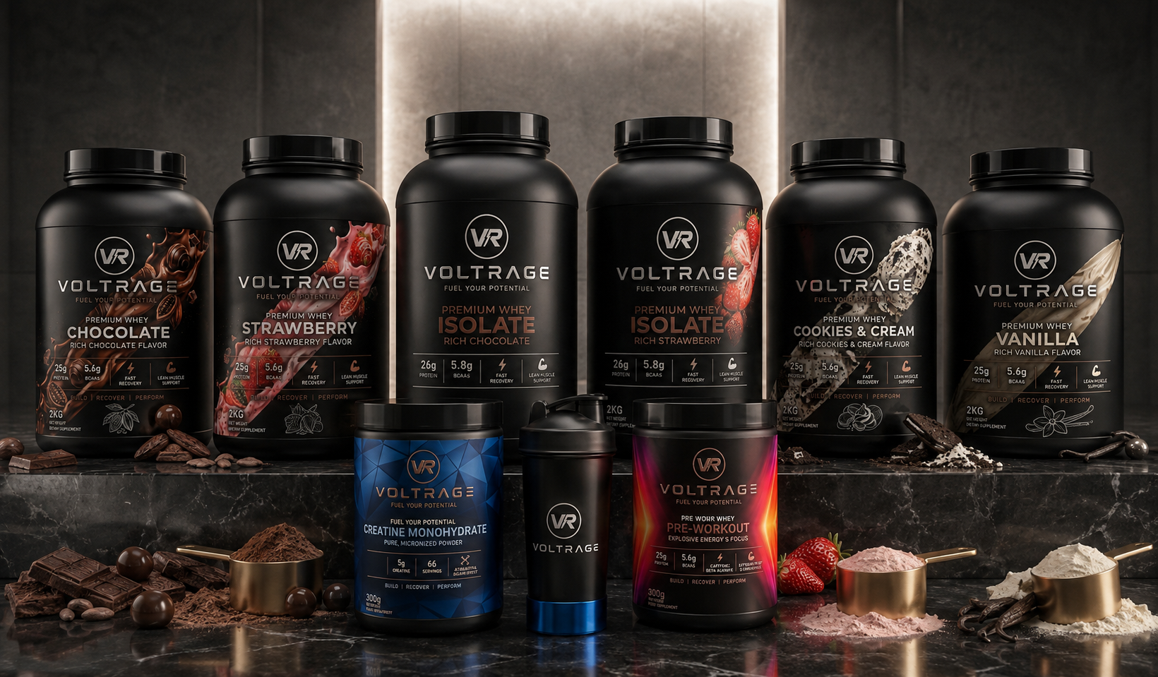 The full Voltrage product lineup on a marble surface