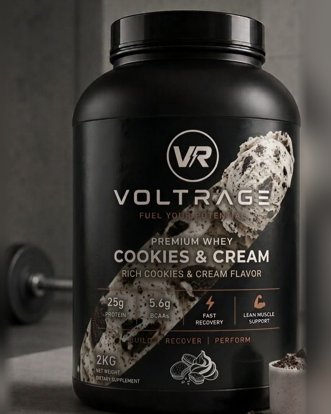Voltrage Cookies & Cream 100% Whey Protein, 5 lbs tub